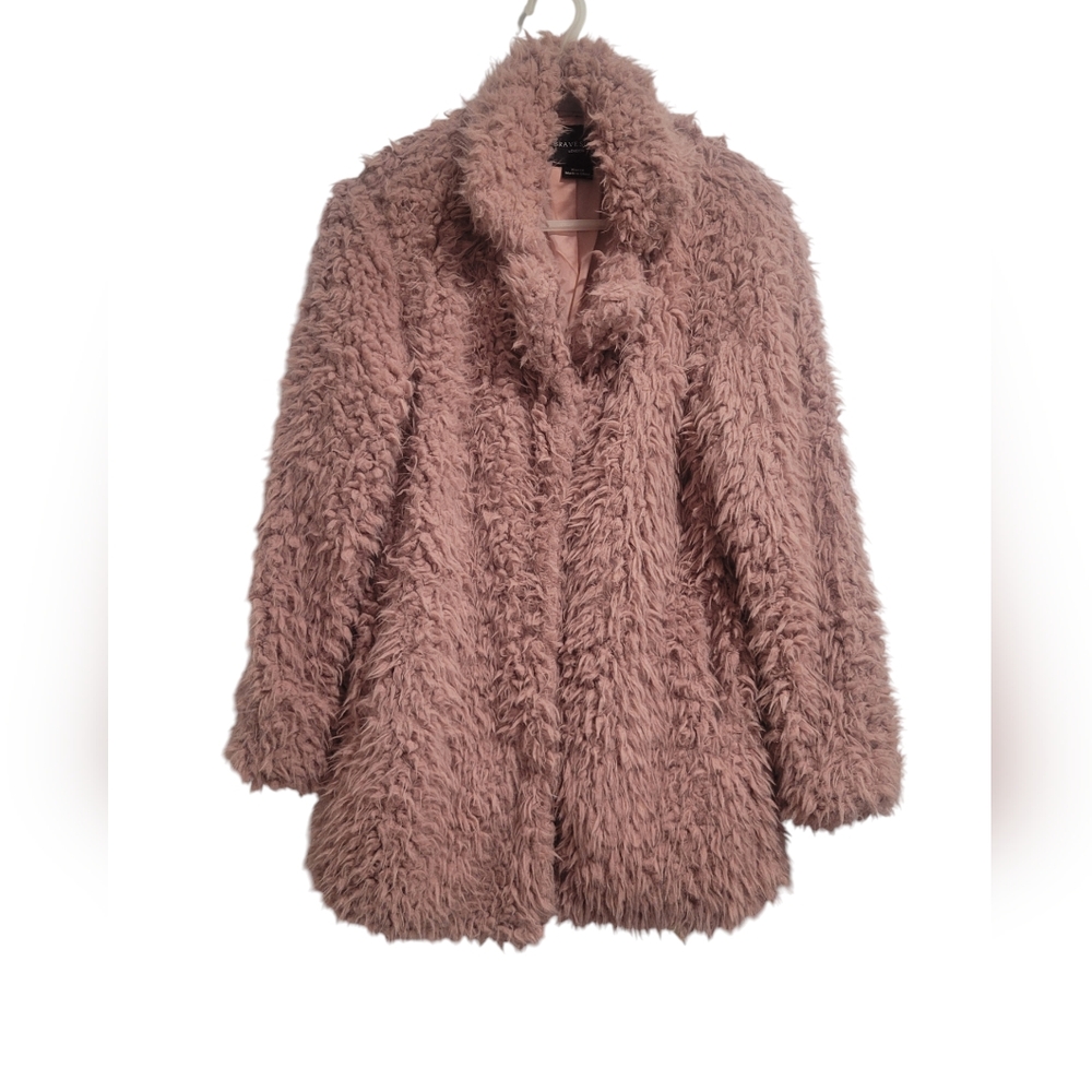 Womans furry pink faux fur coat